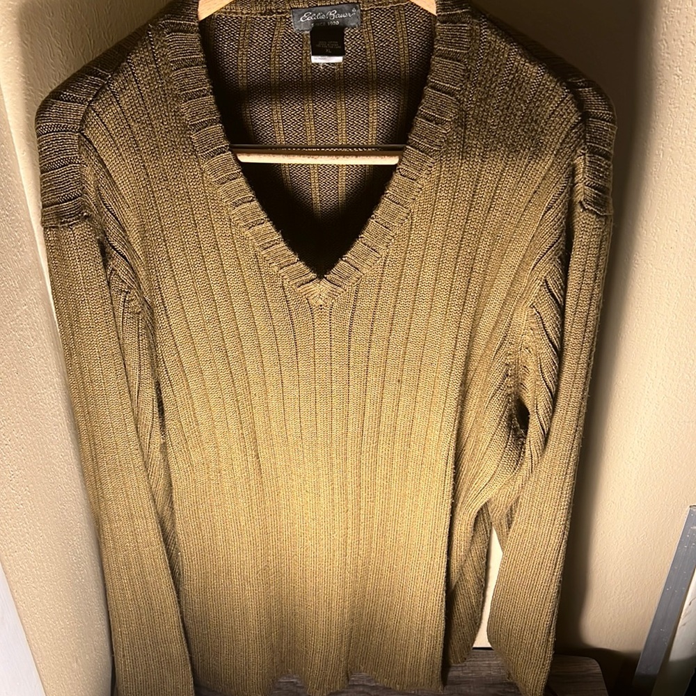 Eddie Bauer Mens Ribbed V Neck Sweater Color Green Size XL